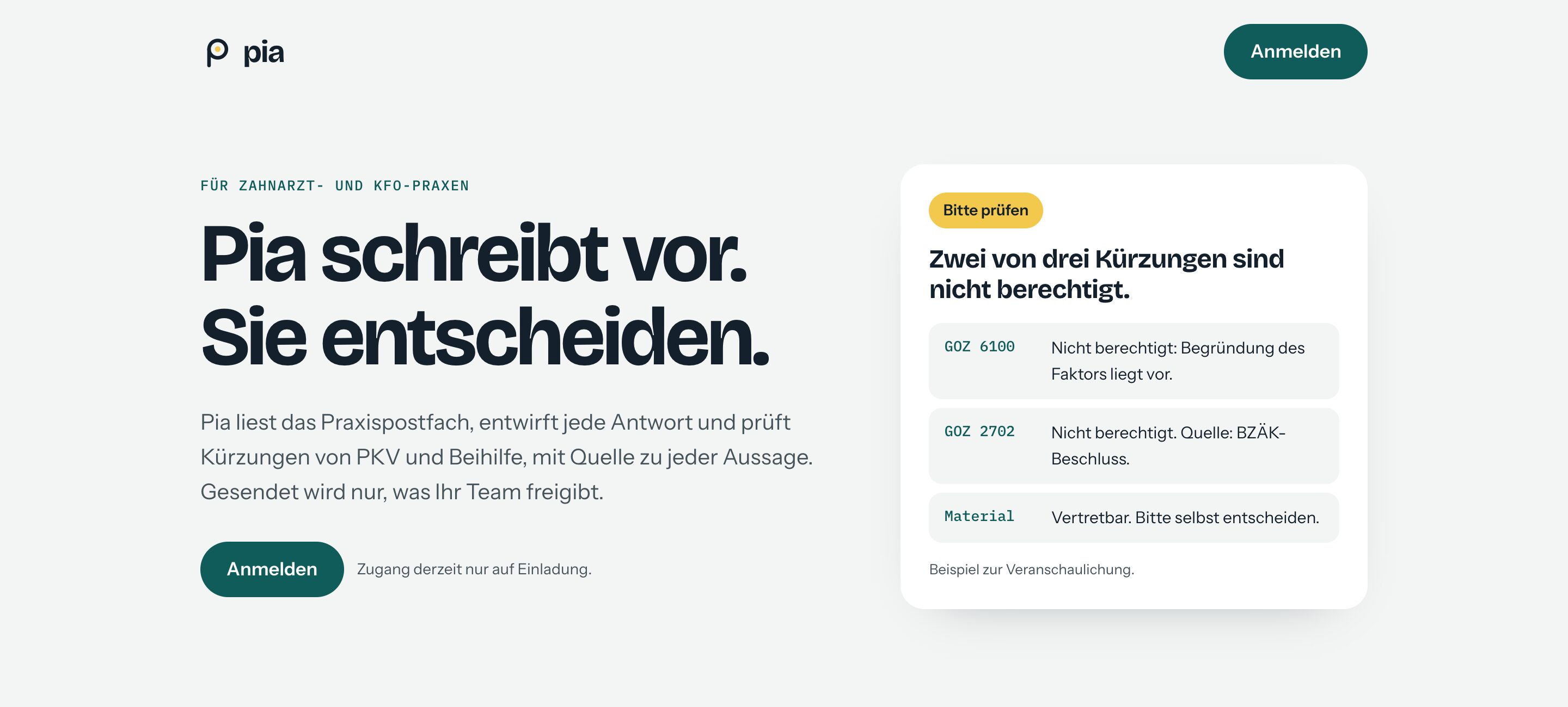 The pia homepage: the headline “Pia schreibt vor. Sie entscheiden.” beside a sample review of three insurer cuts